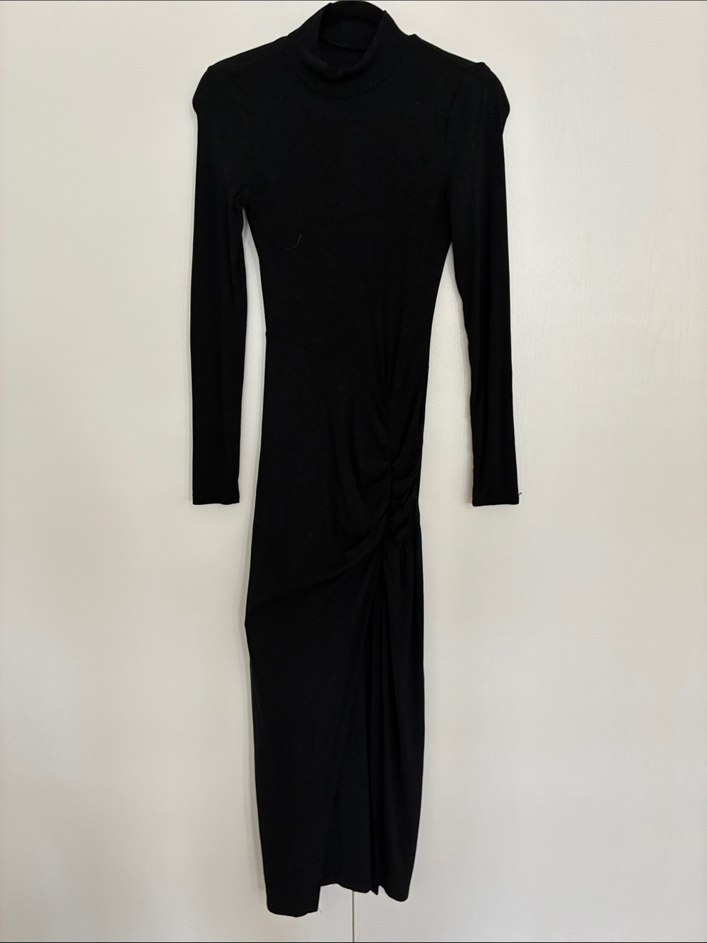 Commense Black Long Sleeve Turtleneck Midi Dress with Side Gather